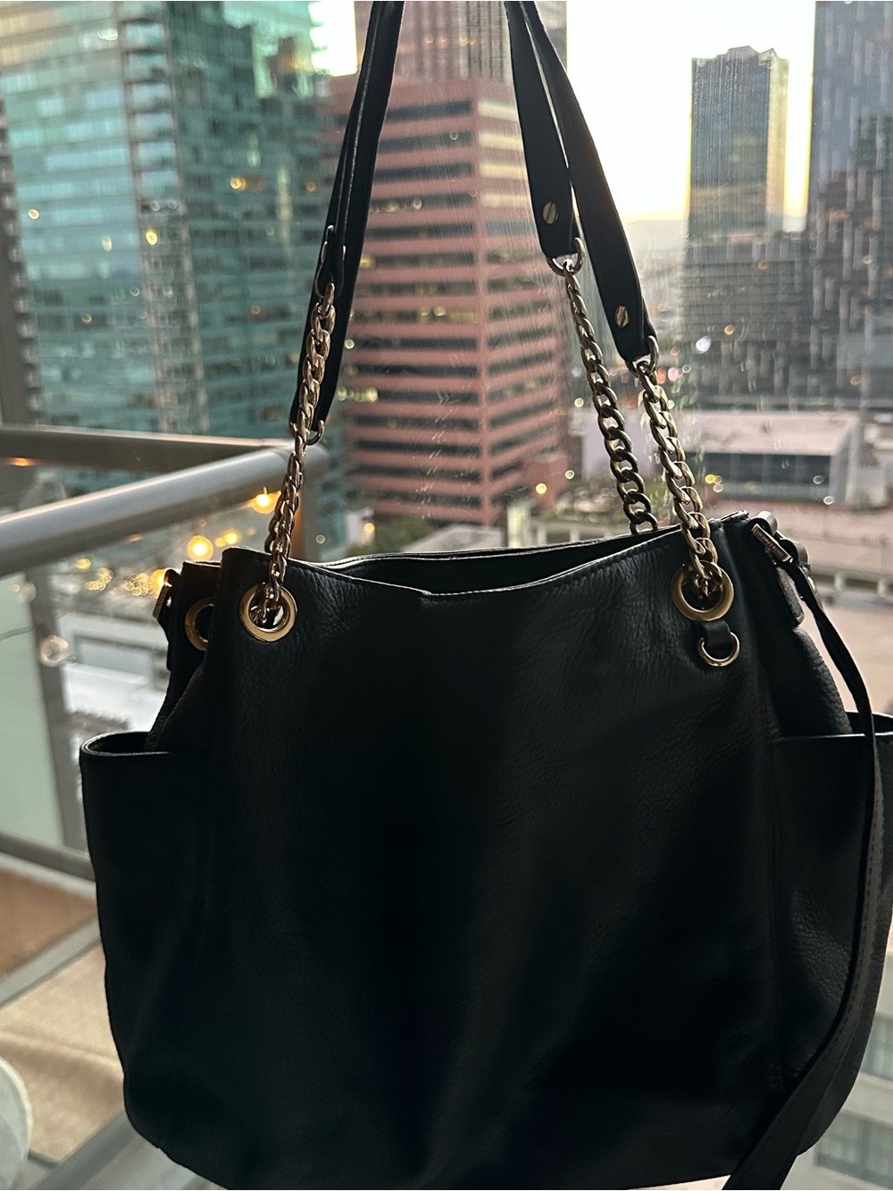 Michael Kors Black Leather Shoulder Bag with Gold Hardware